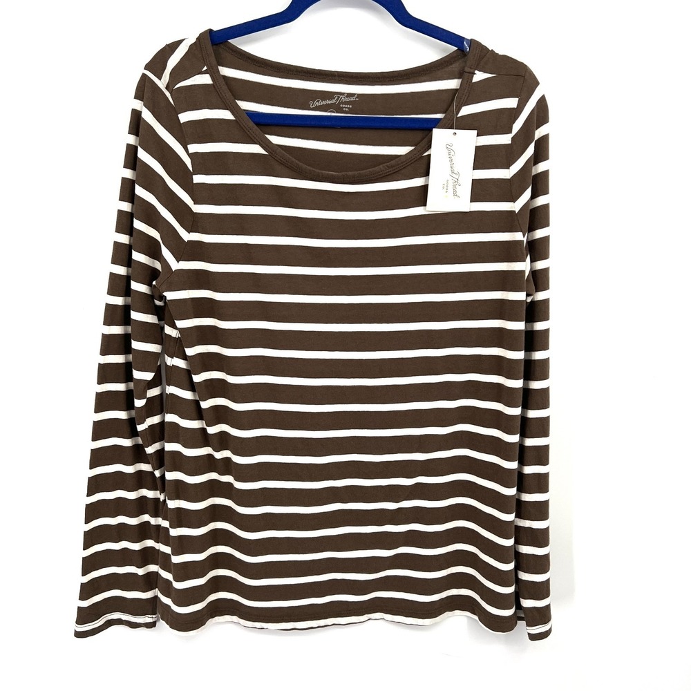 NEW coastal preppy nautical long sleeve top boat neck brown white stripe XL